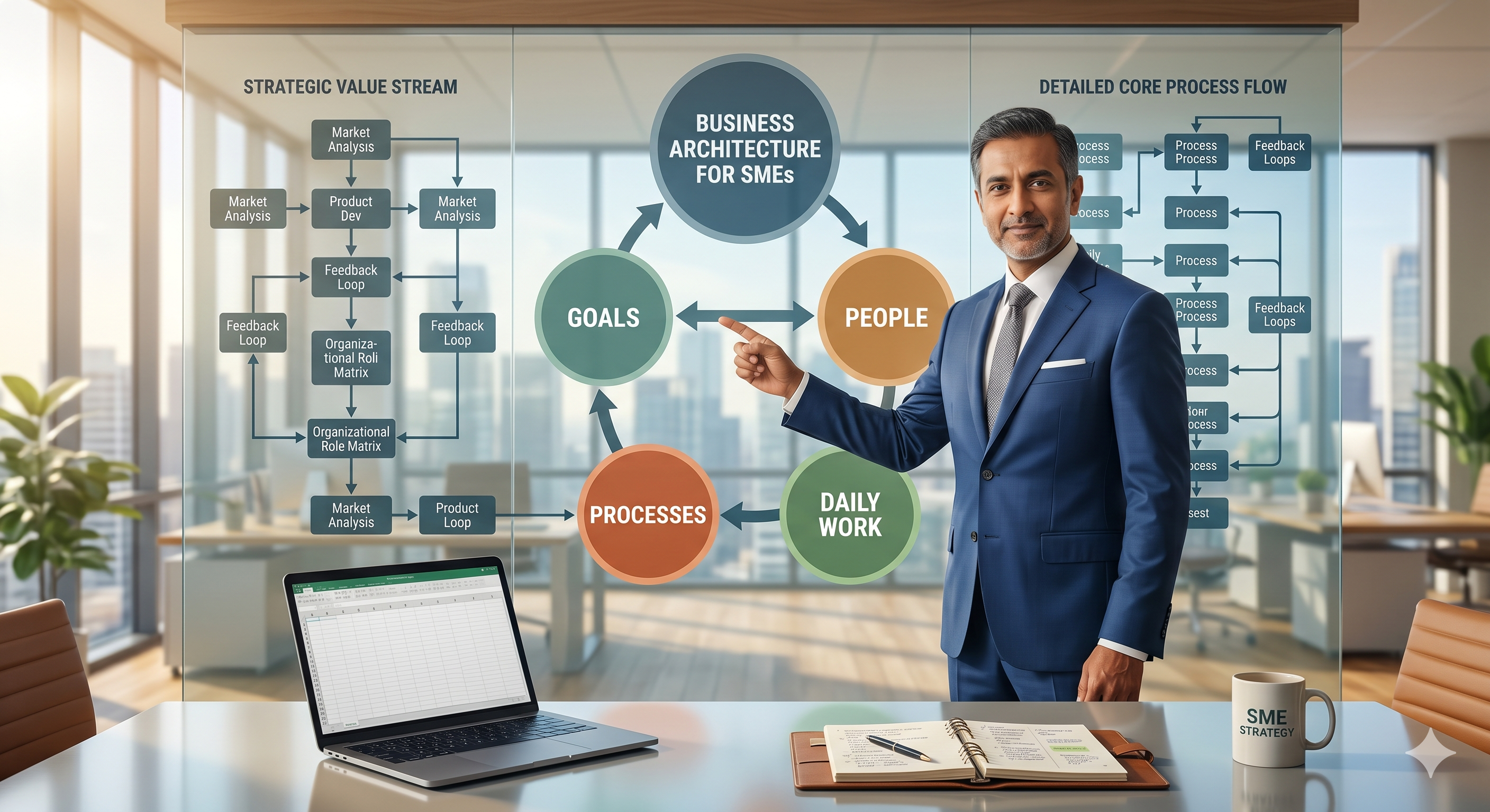 Professional business team in modern office discussing business architecture and organizational structure, showing strategic planning alignment
