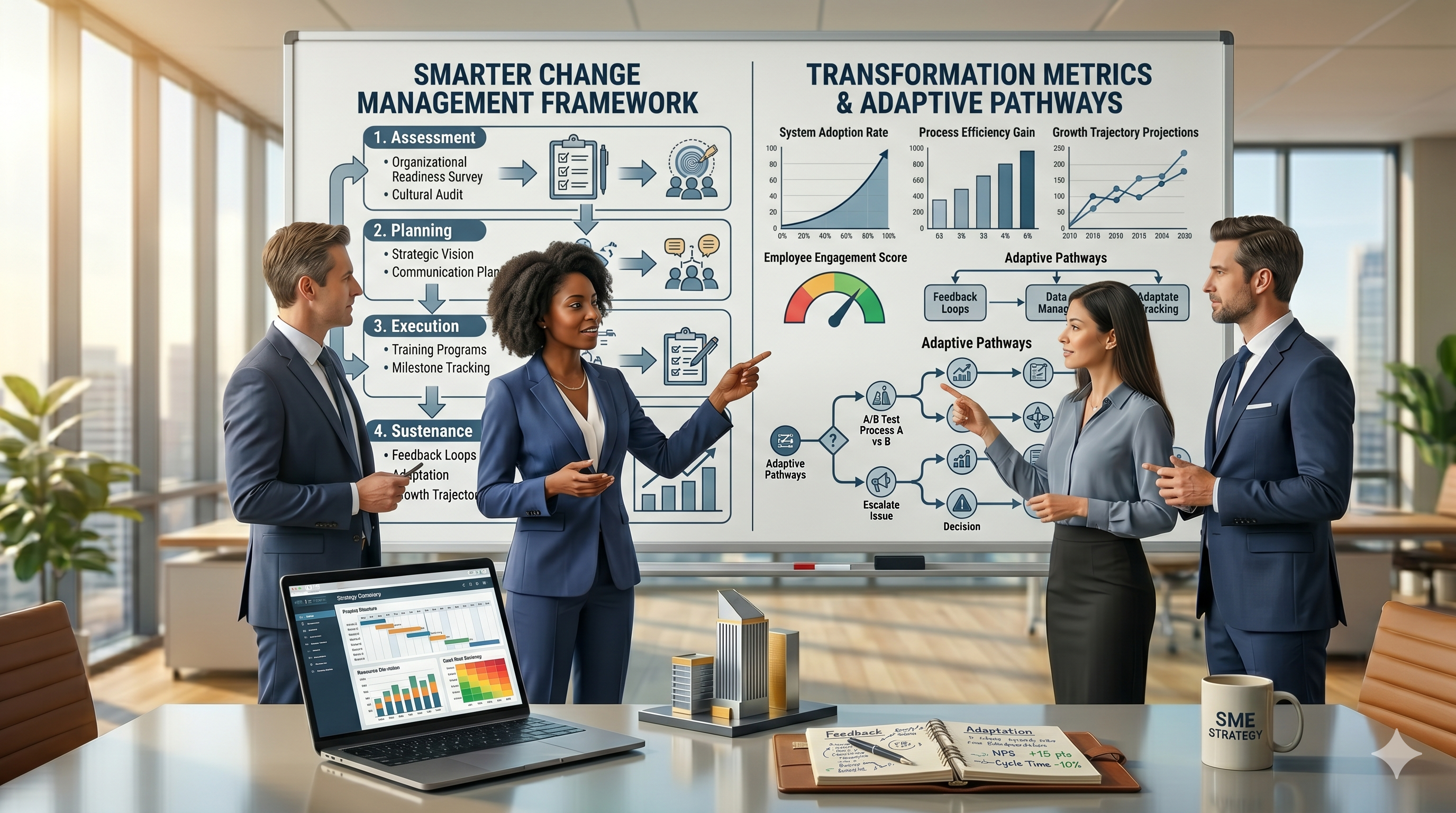 Professional team collaborating on change management strategy, showing organizational transformation and adaptive thinking in action
