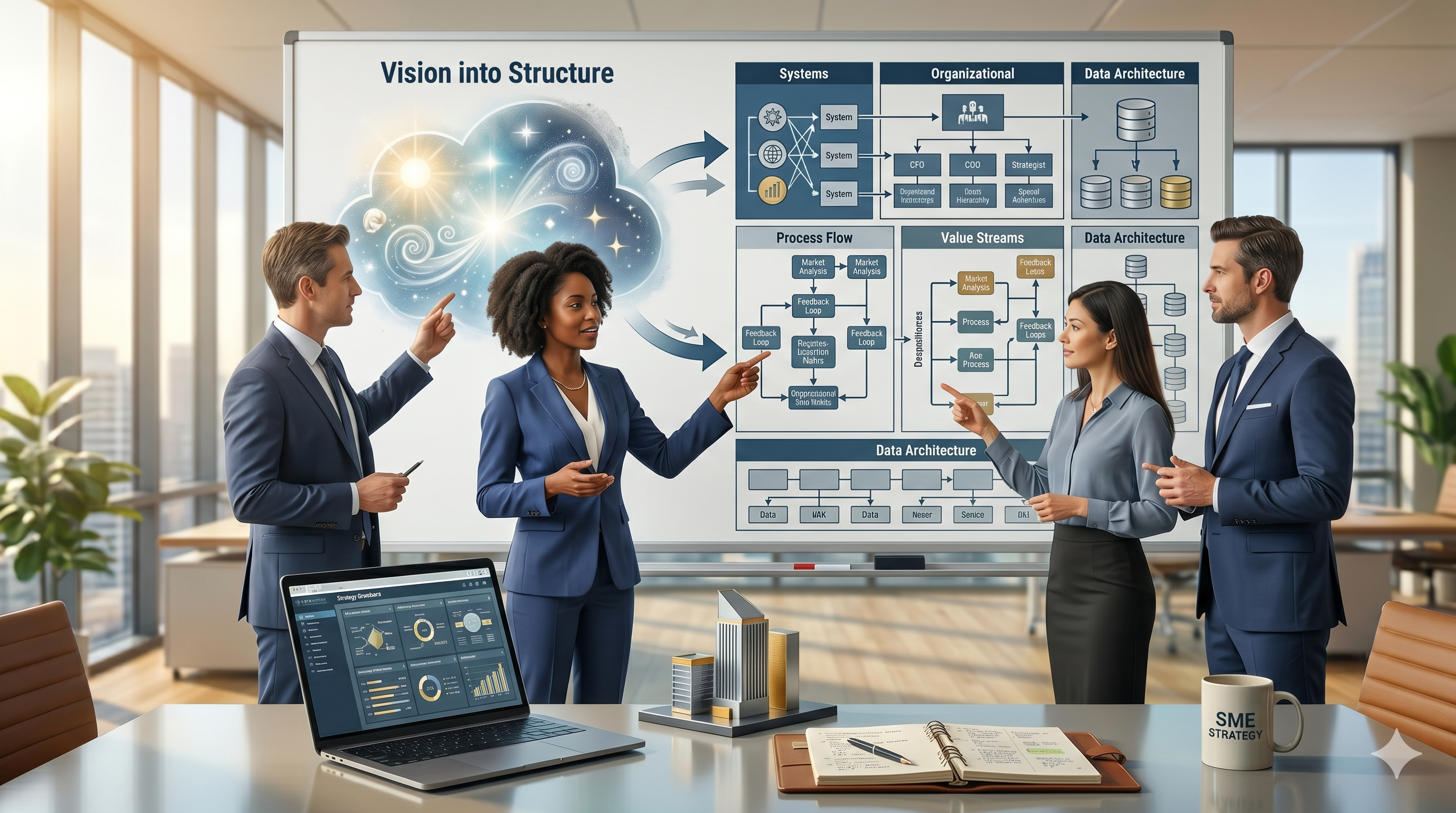 Executive leadership team discussing vision-to-strategy transformation, showing how abstract ideas become concrete operational plans