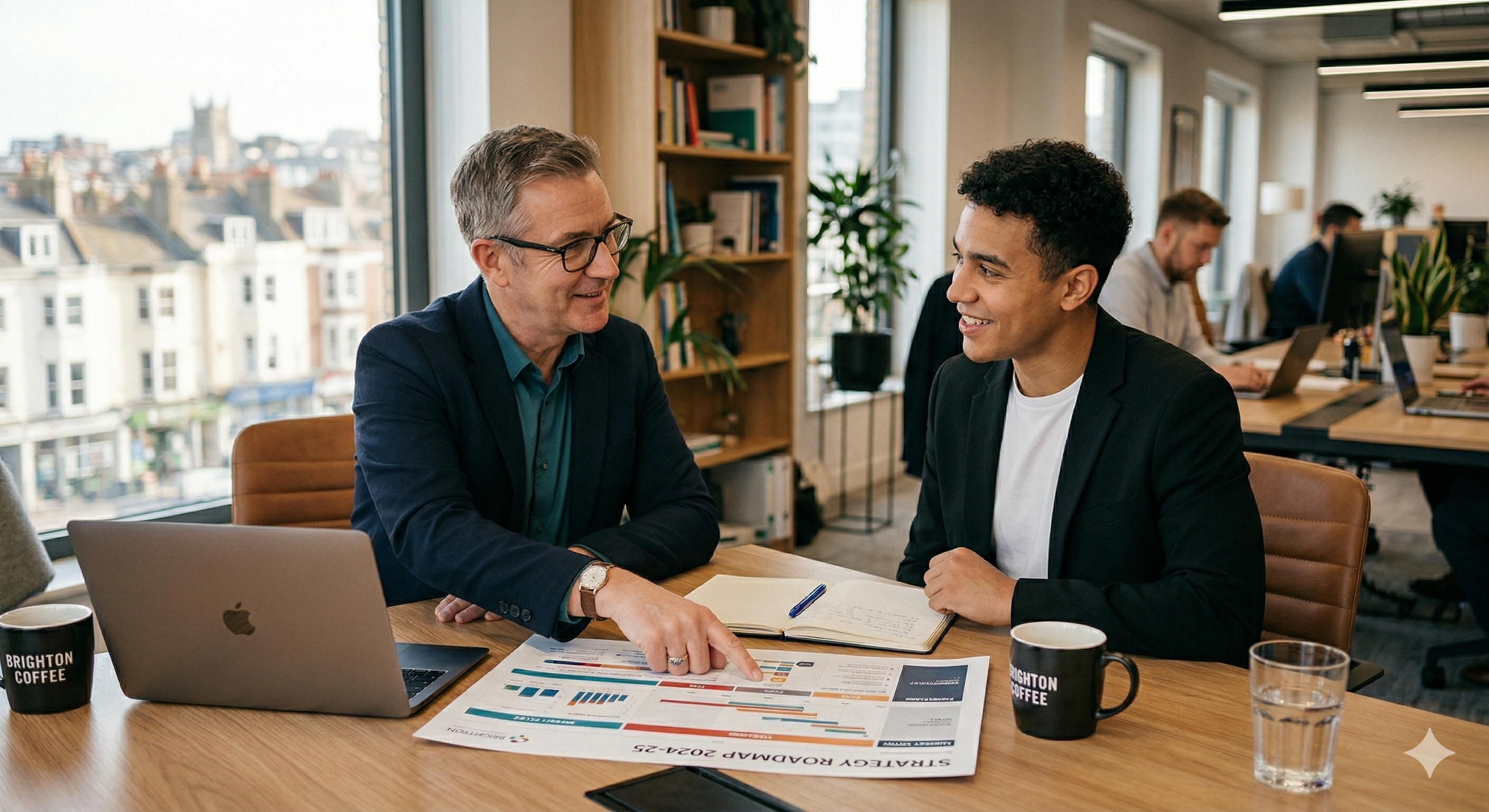 A business mentor and entrepreneur discussing strategy over a document, showing external perspective in action during a mentoring consultation