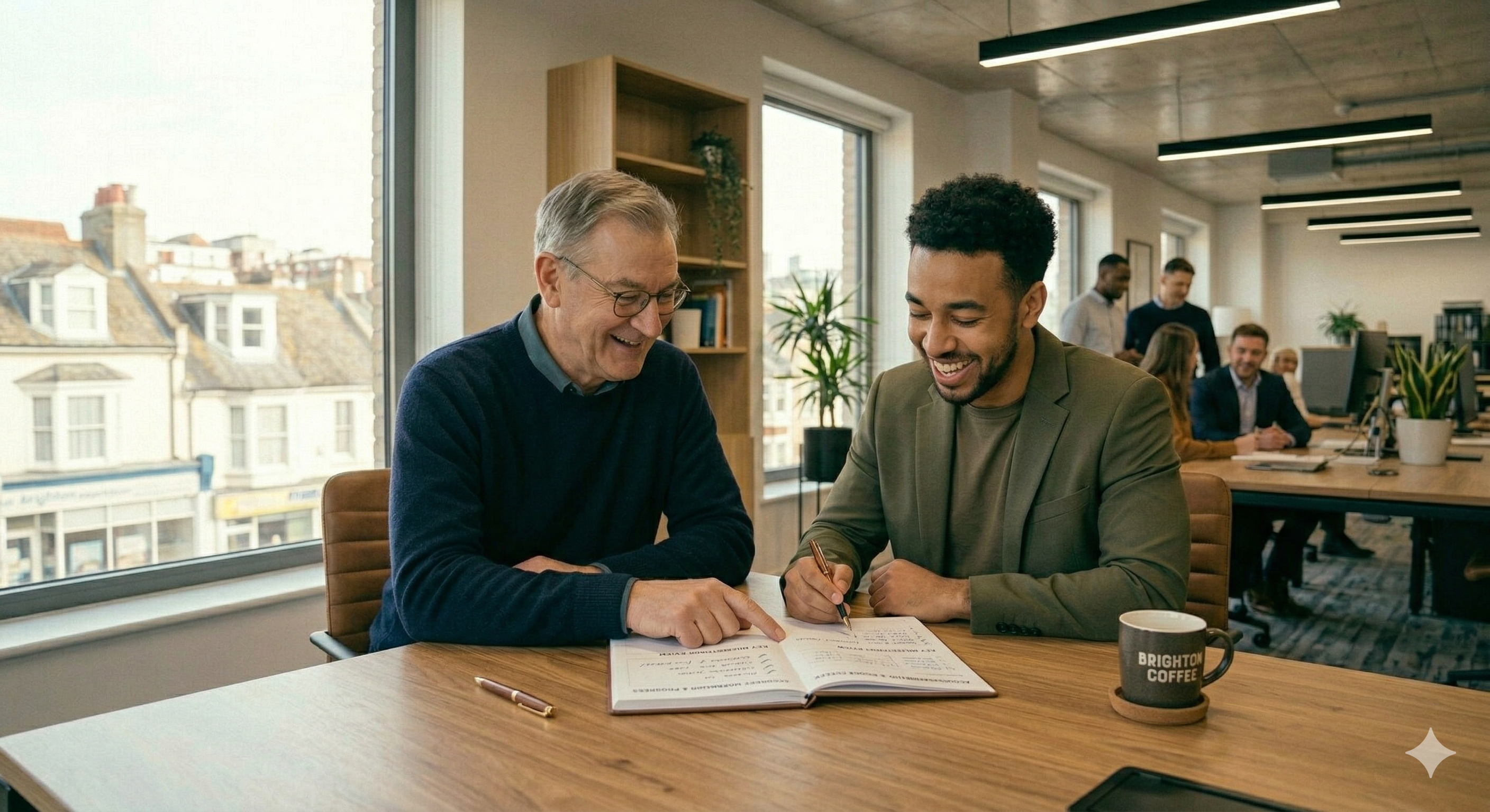 A mentor and business owner reviewing progress notes together, demonstrating accountability and the momentum-building relationship that mentoring provides