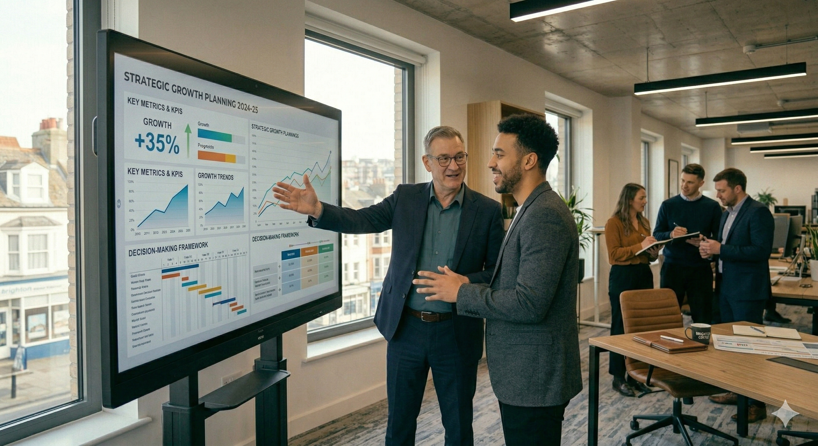 A mentor and business owner reviewing growth charts and metrics together, illustrating decision-making and growth acceleration through mentoring guidance